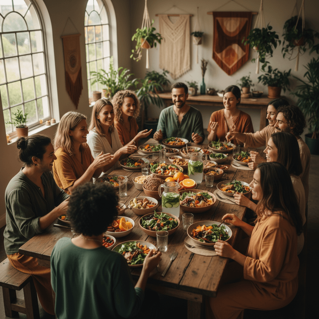 Group of people sharing a meal together outdoors